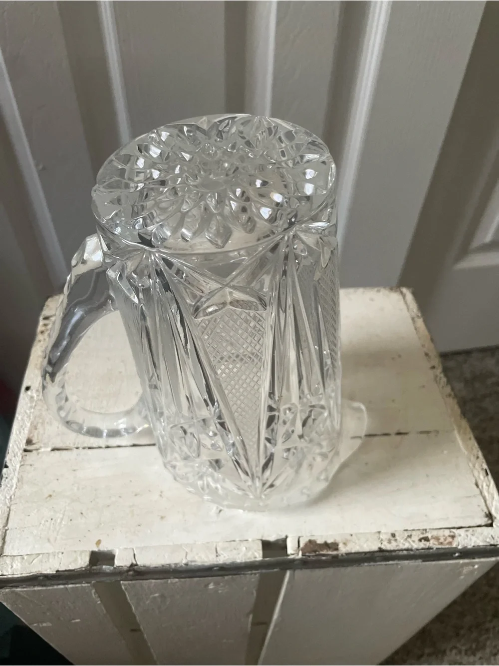 Vintage Glass Lead Crystal Water Pitcher Vase with Etched Flowers